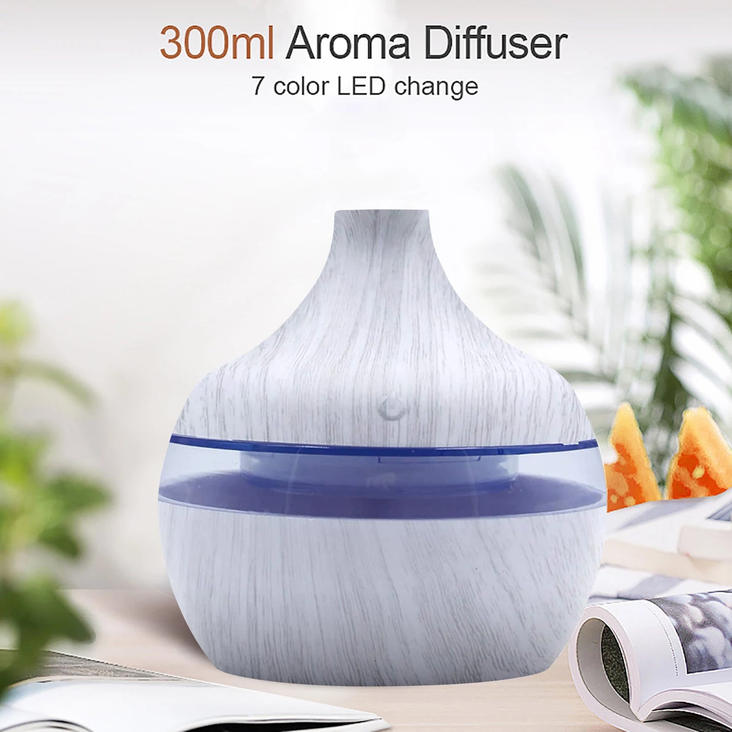 Difuzor de uleiuri esențiale de aromă de 300 ml, umidificator electric de 5 V, umidificator de aer luminos, colorat, cu bob de lemn, mini aparat de aburire USB