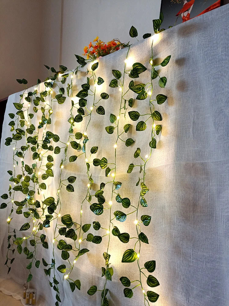 Viță de vie de iederă cu frunze verzi false de 2 metri cu șir de lumini LED pentru decorarea dormitorului de acasă, ghirlandă de plante artificiale strălucitoare, decor pentru acasă