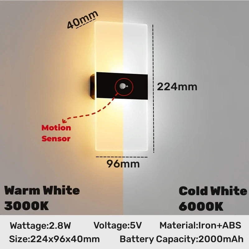 Lampă de perete cu LED fără fir cu senzor de mișcare, reîncărcabilă prin USB, acrilic, noptieră, scară, decor dormitor, accesoriu de iluminat de perete de interior