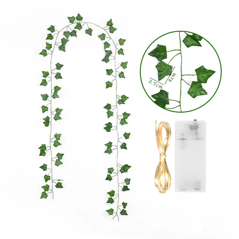 Viță de vie de iederă cu frunze verzi false de 2 metri cu șir de lumini LED pentru decorarea dormitorului de acasă, ghirlandă de plante artificiale strălucitoare, decor pentru acasă