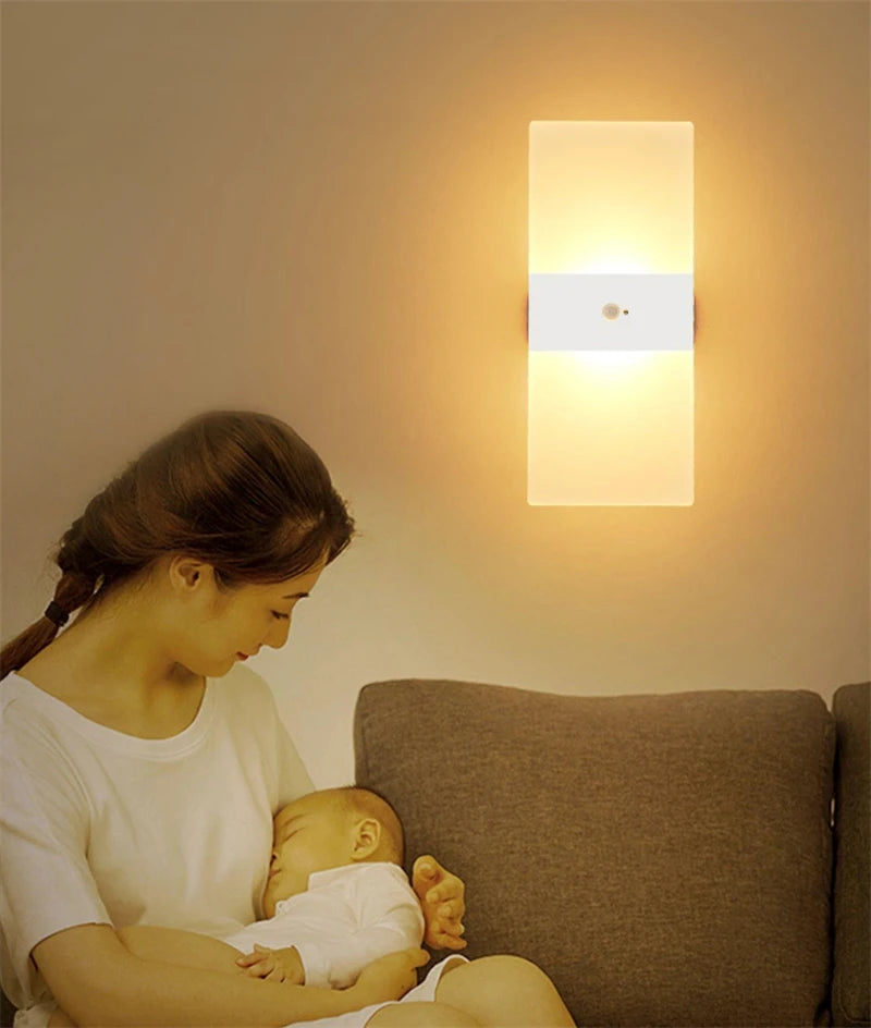 Lampă de perete cu LED fără fir cu senzor de mișcare, reîncărcabilă prin USB, acrilic, noptieră, scară, decor dormitor, accesoriu de iluminat de perete de interior