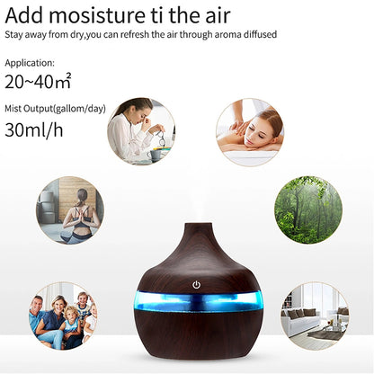 Difuzor de uleiuri esențiale de aromă de 300 ml, umidificator electric de 5 V, umidificator de aer luminos, colorat, cu bob de lemn, mini aparat de aburire USB