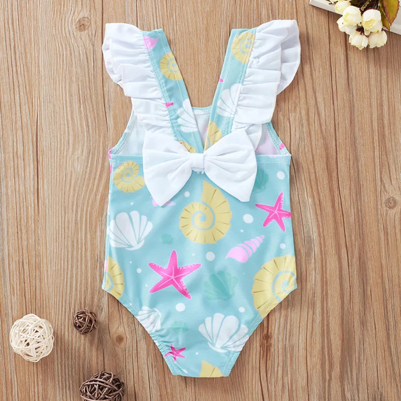 Costum de baie pentru fete nou-născut 0-36 luni, cu fundă, volane, scoici, stele de mare, costum de baie pentru fete, vară, costum de baie