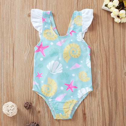 Costum de baie pentru fete nou-născut 0-36 luni, cu fundă, volane, scoici, stele de mare, costum de baie pentru fete, vară, costum de baie
