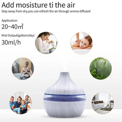 Difuzor de uleiuri esențiale de aromă de 300 ml, umidificator electric de 5 V, umidificator de aer luminos, colorat, cu bob de lemn, mini aparat de aburire USB