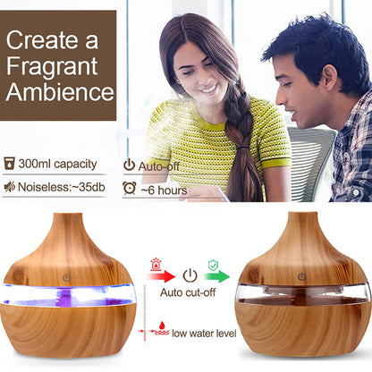 Difuzor de uleiuri esențiale de aromă de 300 ml, umidificator electric de 5 V, umidificator de aer luminos, colorat, cu bob de lemn, mini aparat de aburire USB