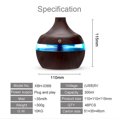 Difuzor de uleiuri esențiale de aromă de 300 ml, umidificator electric de 5 V, umidificator de aer luminos, colorat, cu bob de lemn, mini aparat de aburire USB