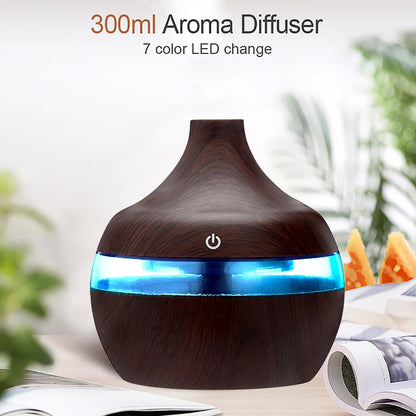 Difuzor de uleiuri esențiale de aromă de 300 ml, umidificator electric de 5 V, umidificator de aer luminos, colorat, cu bob de lemn, mini aparat de aburire USB
