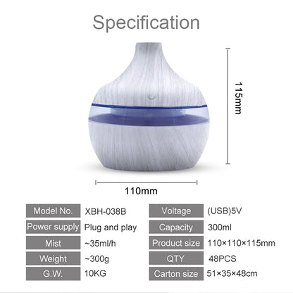 Difuzor de uleiuri esențiale de aromă de 300 ml, umidificator electric de 5 V, umidificator de aer luminos, colorat, cu bob de lemn, mini aparat de aburire USB