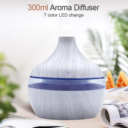 Difuzor de uleiuri esențiale de aromă de 300 ml, umidificator electric de 5 V, umidificator de aer luminos, colorat, cu bob de lemn, mini aparat de aburire USB