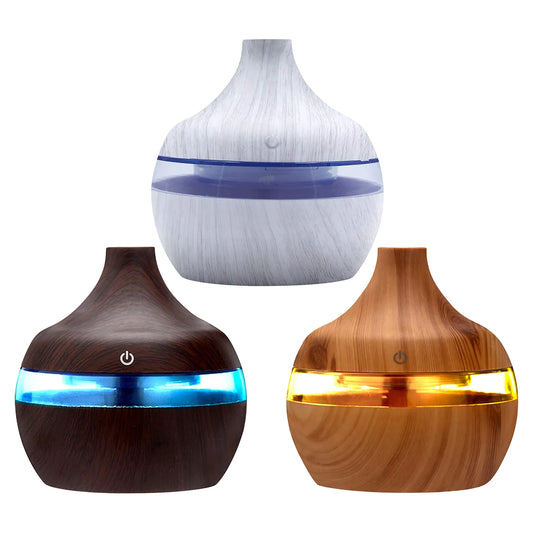 Difuzor de uleiuri esențiale de aromă de 300 ml, umidificator electric de 5 V, umidificator de aer luminos, colorat, cu bob de lemn, mini aparat de aburire USB