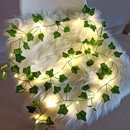 Viță de vie de iederă cu frunze verzi false de 2 metri cu șir de lumini LED pentru decorarea dormitorului de acasă, ghirlandă de plante artificiale strălucitoare, decor pentru acasă