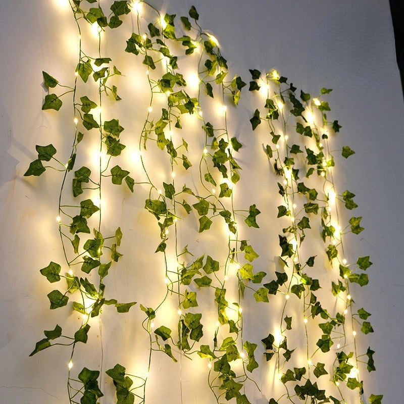 Viță de vie de iederă cu frunze verzi false de 2 metri cu șir de lumini LED pentru decorarea dormitorului de acasă, ghirlandă de plante artificiale strălucitoare, decor pentru acasă