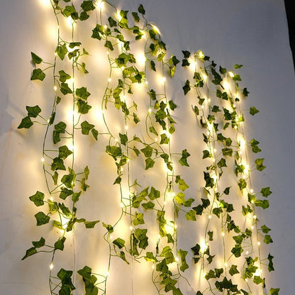 Viță de vie de iederă cu frunze verzi false de 2 metri cu șir de lumini LED pentru decorarea dormitorului de acasă, ghirlandă de plante artificiale strălucitoare, decor pentru acasă