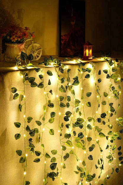 Viță de vie de iederă cu frunze verzi false de 2 metri cu șir de lumini LED pentru decorarea dormitorului de acasă, ghirlandă de plante artificiale strălucitoare, decor pentru acasă