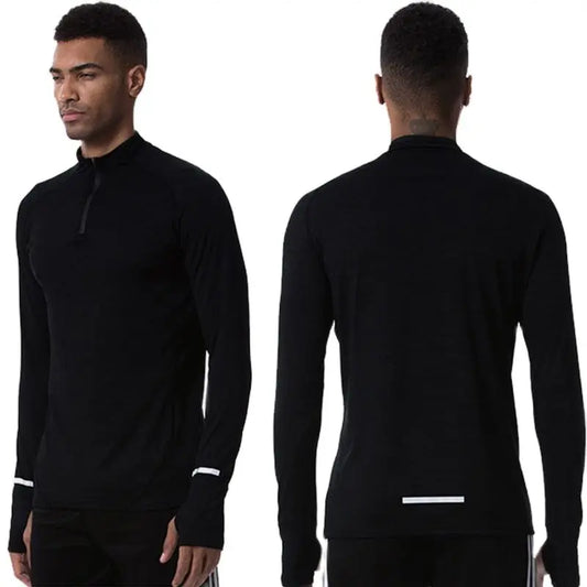 Bluza sport cu fermoar 1/4, pentru bărbați, cu mânecă lungă, de compresie, pentru culturism, cu benzi reflectorizante, pentru jogging, pentru drumeții