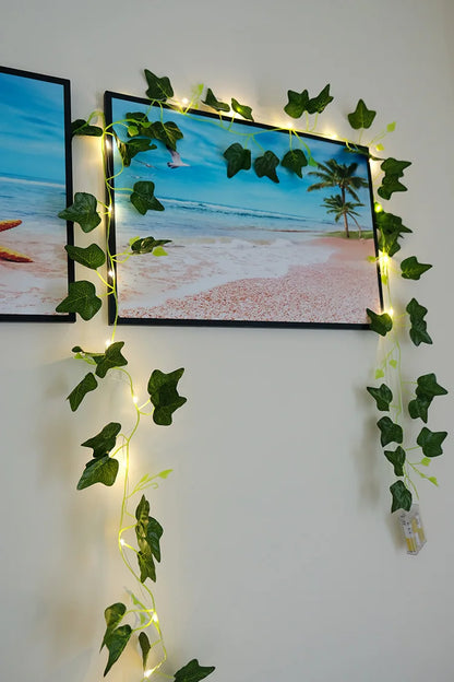 Viță de vie de iederă cu frunze verzi false de 2 metri cu șir de lumini LED pentru decorarea dormitorului de acasă, ghirlandă de plante artificiale strălucitoare, decor pentru acasă