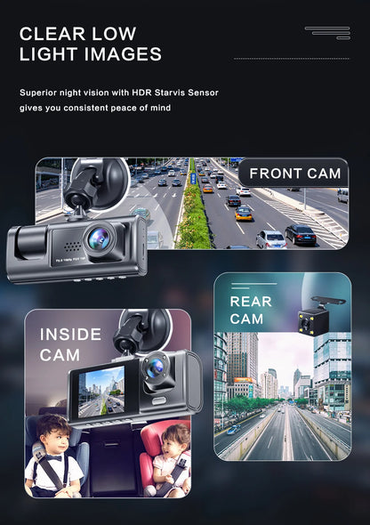 Cameră de bord cu înregistrare în buclă de vedere nocturnă IR și ecran IPS de 2" 1080P 3 camere, recorder DVR, video recorder, DVR pentru vehicul
