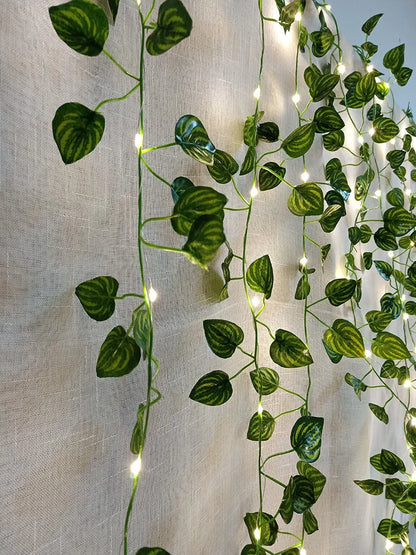 Viță de vie de iederă cu frunze verzi false de 2 metri cu șir de lumini LED pentru decorarea dormitorului de acasă, ghirlandă de plante artificiale strălucitoare, decor pentru acasă