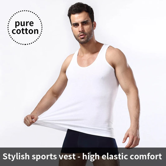 Vestă pentru bărbați din bumbac 100%, camisolă de antrenament pentru fitness și sport, tricou alb de vară, fără mâneci