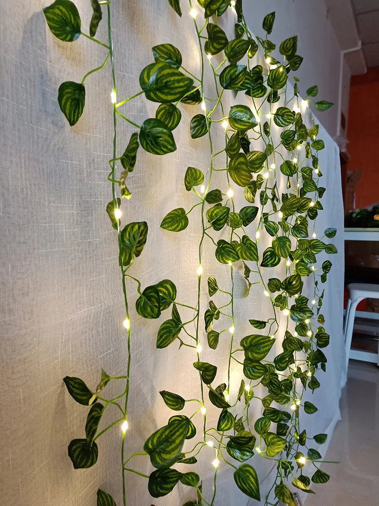 Viță de vie de iederă cu frunze verzi false de 2 metri cu șir de lumini LED pentru decorarea dormitorului de acasă, ghirlandă de plante artificiale strălucitoare, decor pentru acasă
