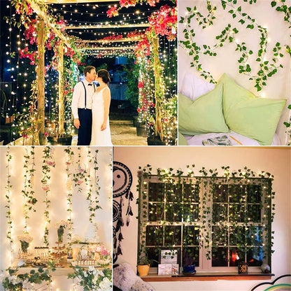 Viță de vie de iederă cu frunze verzi false de 2 metri cu șir de lumini LED pentru decorarea dormitorului de acasă, ghirlandă de plante artificiale strălucitoare, decor pentru acasă