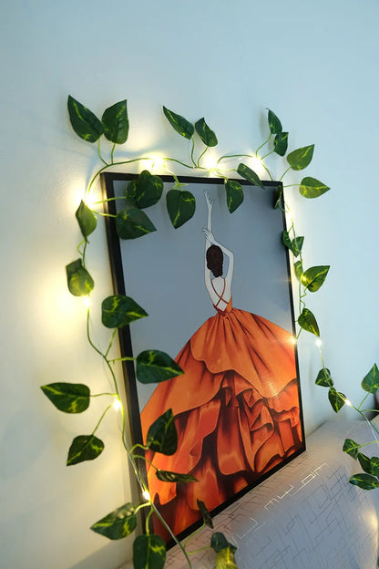 Viță de vie de iederă cu frunze verzi false de 2 metri cu șir de lumini LED pentru decorarea dormitorului de acasă, ghirlandă de plante artificiale strălucitoare, decor pentru acasă