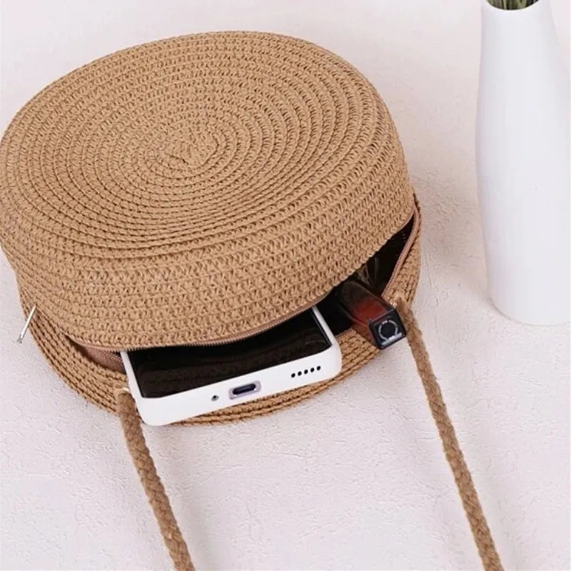 Geantă Minimalistă de Paie - Poșetă rotundă de umar pentru femei