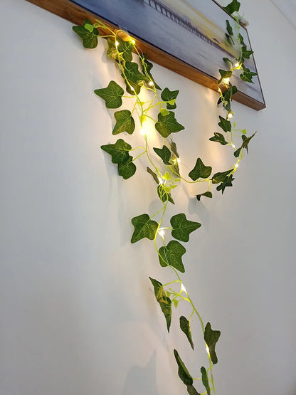 Viță de vie de iederă cu frunze verzi false de 2 metri cu șir de lumini LED pentru decorarea dormitorului de acasă, ghirlandă de plante artificiale strălucitoare, decor pentru acasă