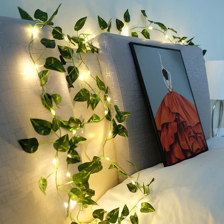 Viță de vie de iederă cu frunze verzi false de 2 metri cu șir de lumini LED pentru decorarea dormitorului de acasă, ghirlandă de plante artificiale strălucitoare, decor pentru acasă