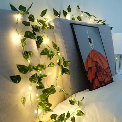 Viță de vie de iederă cu frunze verzi false de 2 metri cu șir de lumini LED pentru decorarea dormitorului de acasă, ghirlandă de plante artificiale strălucitoare, decor pentru acasă