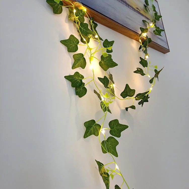 Viță de vie de iederă cu frunze verzi false de 2 metri cu șir de lumini LED pentru decorarea dormitorului de acasă, ghirlandă de plante artificiale strălucitoare, decor pentru acasă