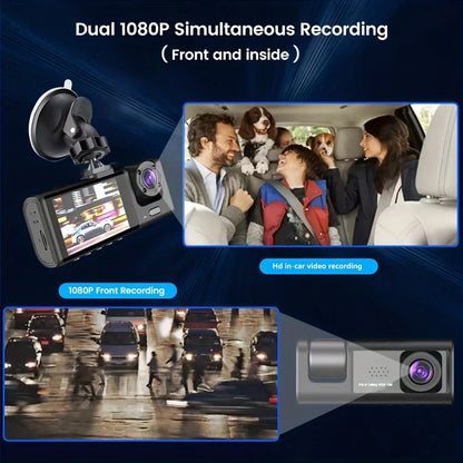 Cameră de bord cu înregistrare în buclă de vedere nocturnă IR și ecran IPS de 2" 1080P 3 camere, recorder DVR, video recorder, DVR pentru vehicul