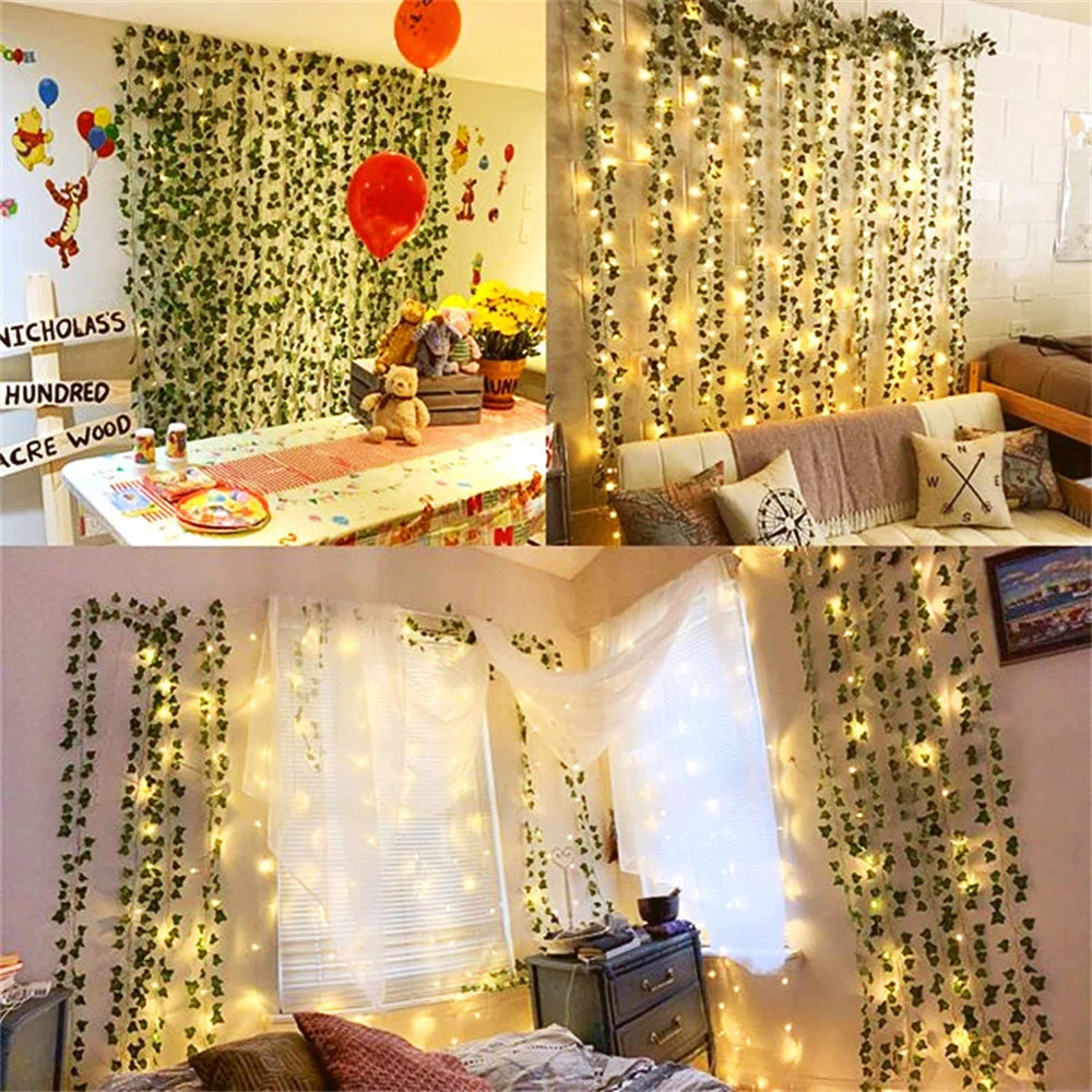 Viță de vie de iederă cu frunze verzi false de 2 metri cu șir de lumini LED pentru decorarea dormitorului de acasă, ghirlandă de plante artificiale strălucitoare, decor pentru acasă
