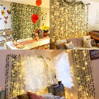 Viță de vie de iederă cu frunze verzi false de 2 metri cu șir de lumini LED pentru decorarea dormitorului de acasă, ghirlandă de plante artificiale strălucitoare, decor pentru acasă