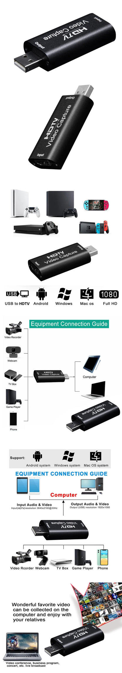 Dispozitiv USB pentru captură video HD 4K USB3.0 2.0 HDMI Video Grabber Caseta de înregistrare pentru jocuri PS4 Cameră video DVD Înregistrare cameră Streaming live