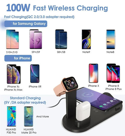 100W 7 în 1 suport încărcător Wireless Fast Charge pentru iPhone 15 14 13 12 11 XR Apple Watch Airpods Pro iWatch 9 8 7