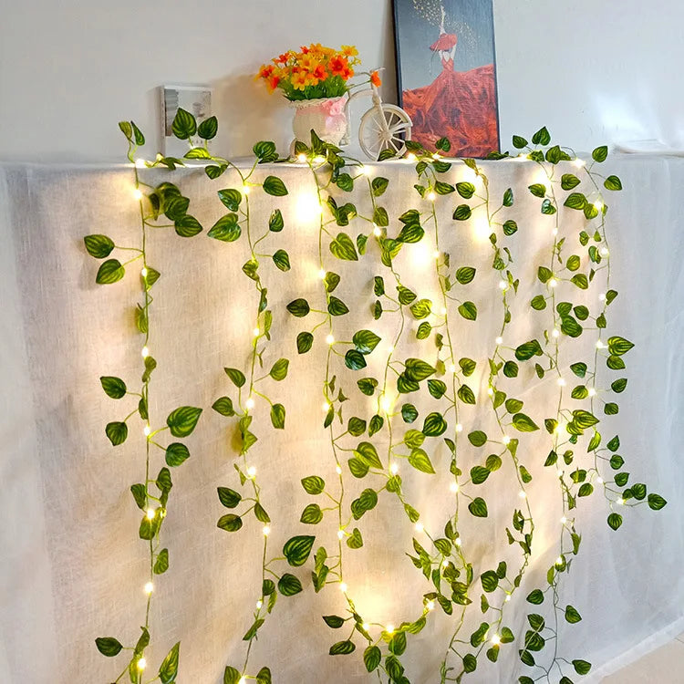 Viță de vie de iederă cu frunze verzi false de 2 metri cu șir de lumini LED pentru decorarea dormitorului de acasă, ghirlandă de plante artificiale strălucitoare, decor pentru acasă