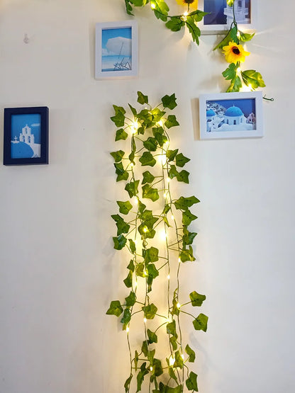 Viță de vie de iederă cu frunze verzi false de 2 metri cu șir de lumini LED pentru decorarea dormitorului de acasă, ghirlandă de plante artificiale strălucitoare, decor pentru acasă