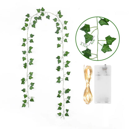 Viță de vie de iederă cu frunze verzi false de 2 metri cu șir de lumini LED pentru decorarea dormitorului de acasă, ghirlandă de plante artificiale strălucitoare, decor pentru acasă