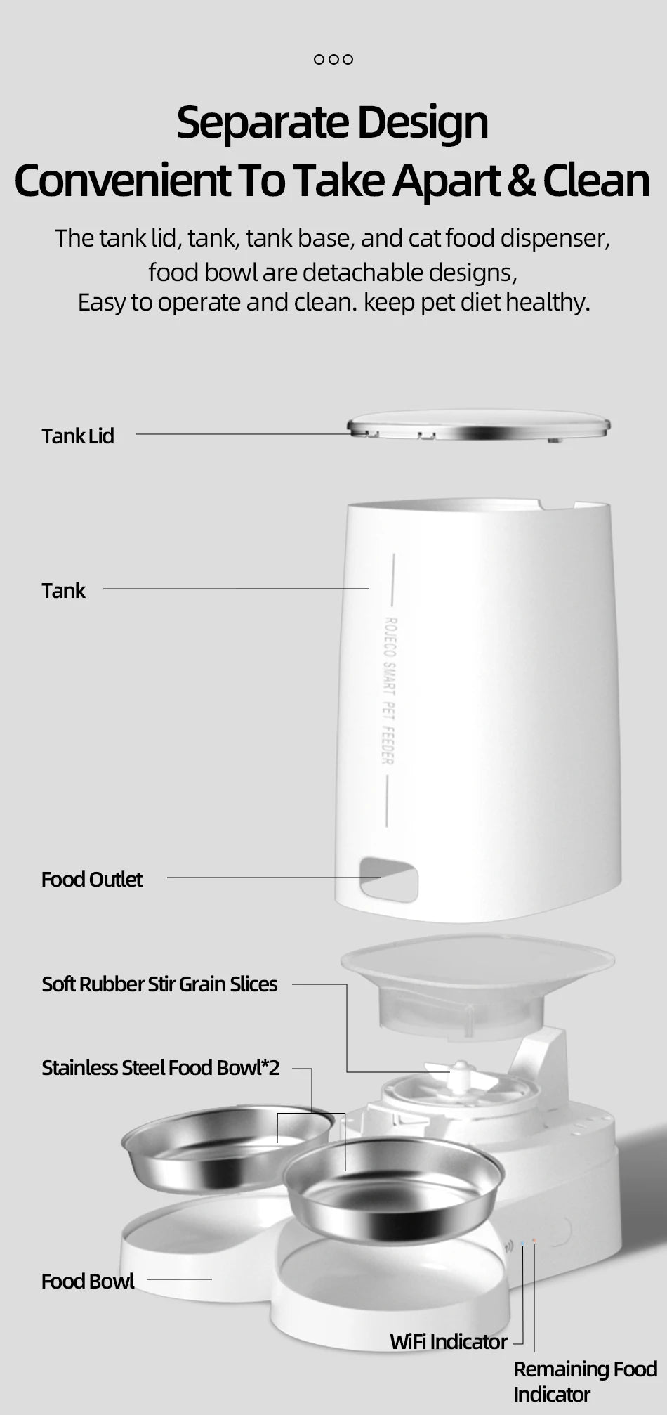 ROJECO Dispenser smart pentru hrana animale de companie cu WiFi pt control de pe telefon