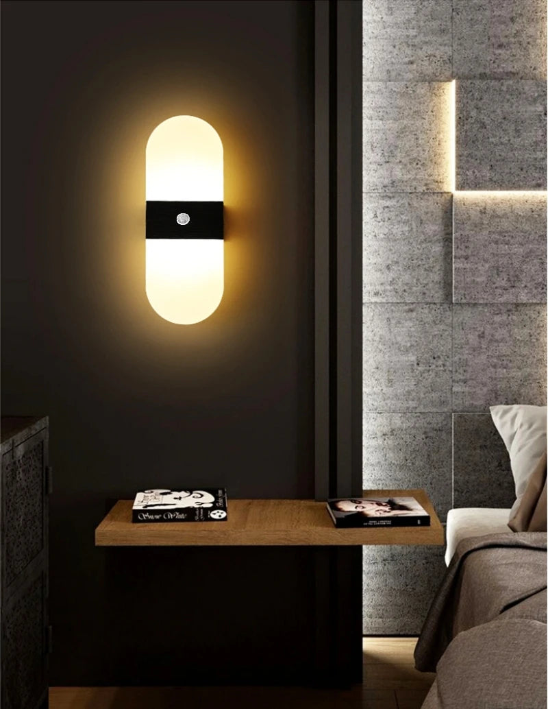 Lampă de perete cu LED fără fir cu senzor de mișcare, reîncărcabilă prin USB, acrilic, noptieră, scară, decor dormitor, accesoriu de iluminat de perete de interior