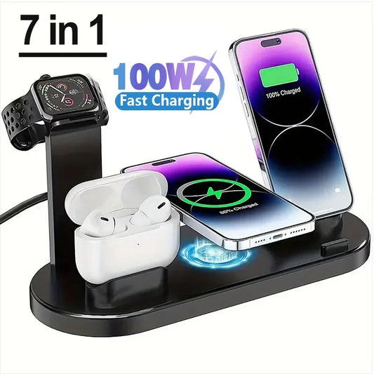 100W 7 în 1 suport încărcător Wireless Fast Charge pentru iPhone 15 14 13 12 11 XR Apple Watch Airpods Pro iWatch 9 8 7