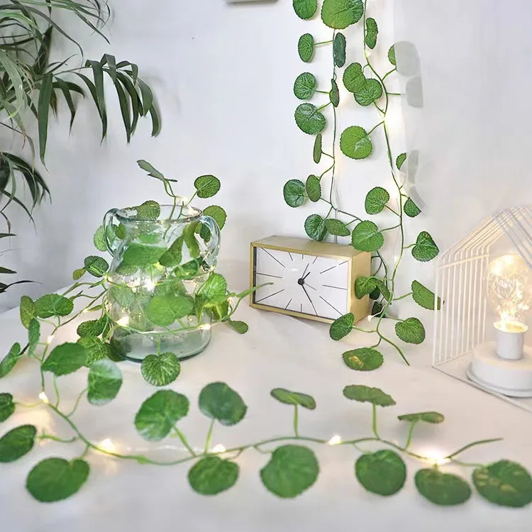Viță de vie de iederă cu frunze verzi false de 2 metri cu șir de lumini LED pentru decorarea dormitorului de acasă, ghirlandă de plante artificiale strălucitoare, decor pentru acasă