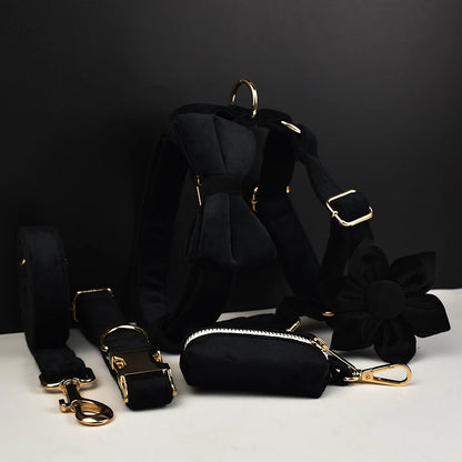 Set Deluxe pentru membrul pufos al familiei - Accesorii Deluxe din catifea neagra pentru catei - Accesoriile pot fi gravate (nu se vand personalizate!)