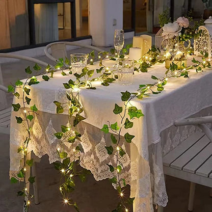 Viță de vie de iederă cu frunze verzi false de 2 metri cu șir de lumini LED pentru decorarea dormitorului de acasă, ghirlandă de plante artificiale strălucitoare, decor pentru acasă
