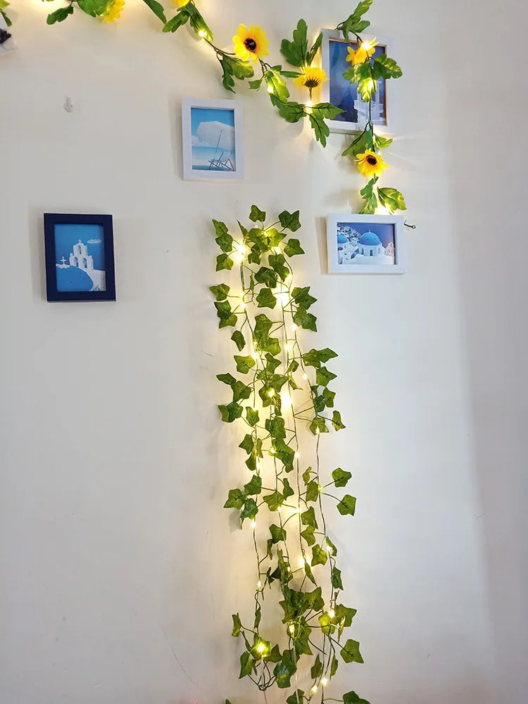 Viță de vie de iederă cu frunze verzi false de 2 metri cu șir de lumini LED pentru decorarea dormitorului de acasă, ghirlandă de plante artificiale strălucitoare, decor pentru acasă