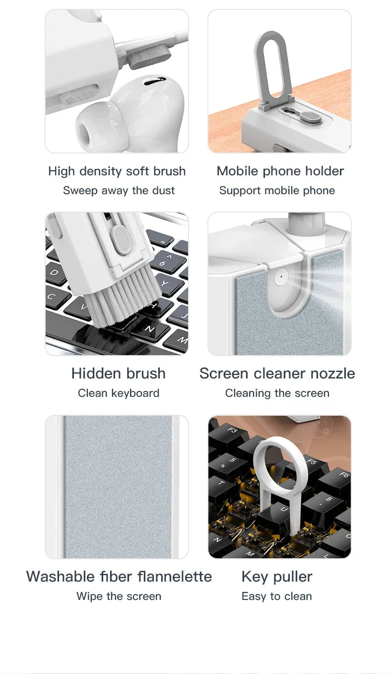 Kit de curățare 8 în 1 pentru curățarea tastaturii computerului, perie, căști, stilou de curățare pentru căști, telefoane iPad, instrumente de curățare, extractor de tastaturi