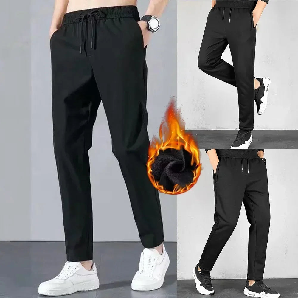 Pantaloni termici (sezon rece) pentru bărbați - Pantaloni groși căptușiți cu lână lejeră, drepți, pantaloni sportivi largi - Pantaloni de sport pentru sală