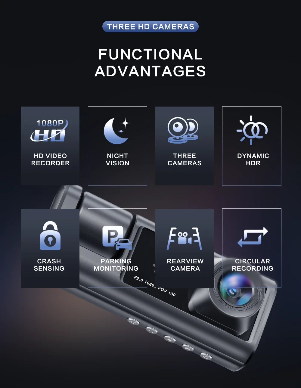 Cameră de bord cu înregistrare în buclă de vedere nocturnă IR și ecran IPS de 2" 1080P 3 camere, recorder DVR, video recorder, DVR pentru vehicul
